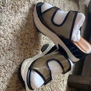 Black and white strap wedges